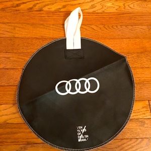 Audi Miami design show tote bag circular round flat black with white handle